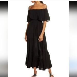 Elan Classic Black Off The Shoulder Ruffle Top Tiered Flowy Silky Bohemian Maxi